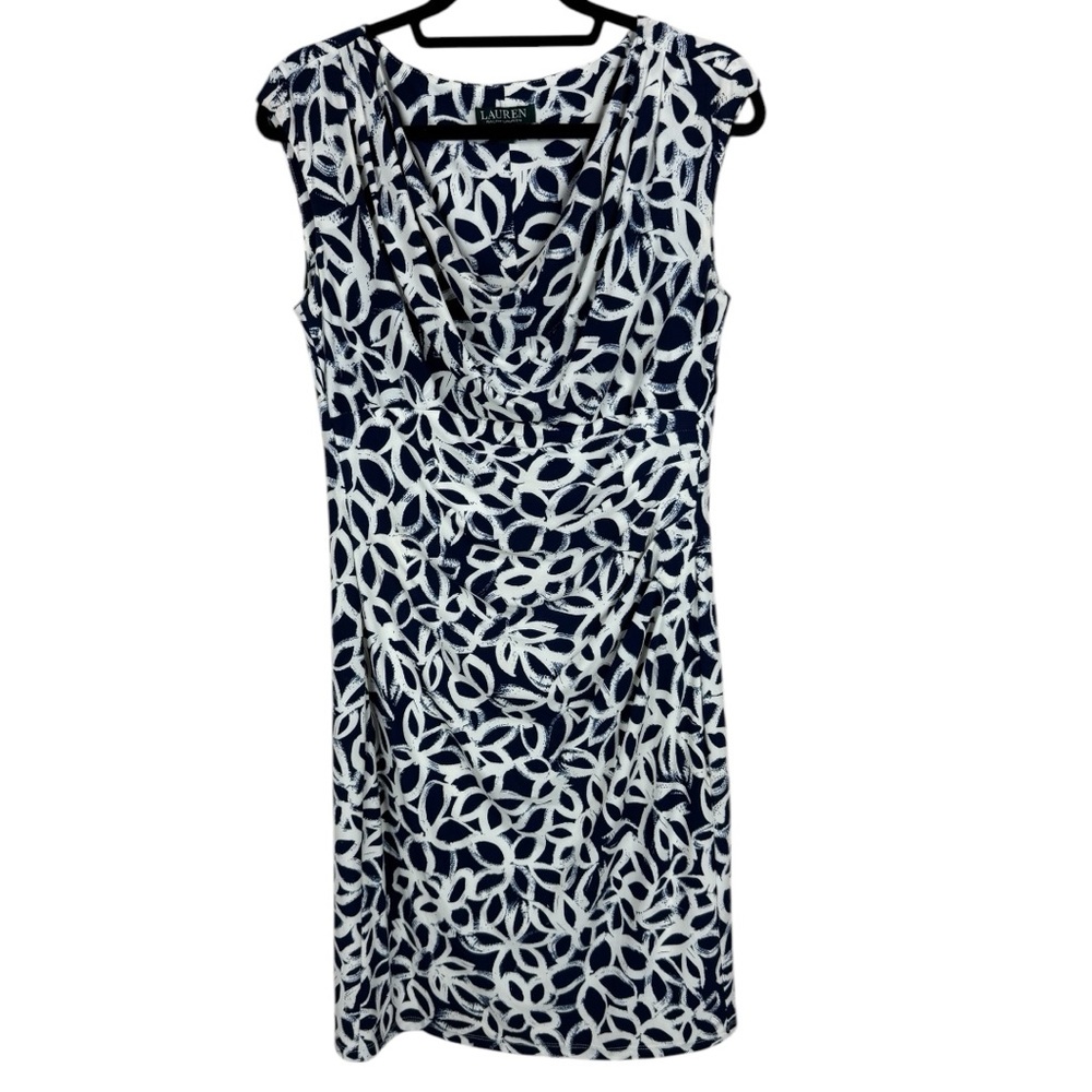 Lauren Ralph Lauren Polo Women Size 12 Blue Floral Draped Neck Sheath Dress